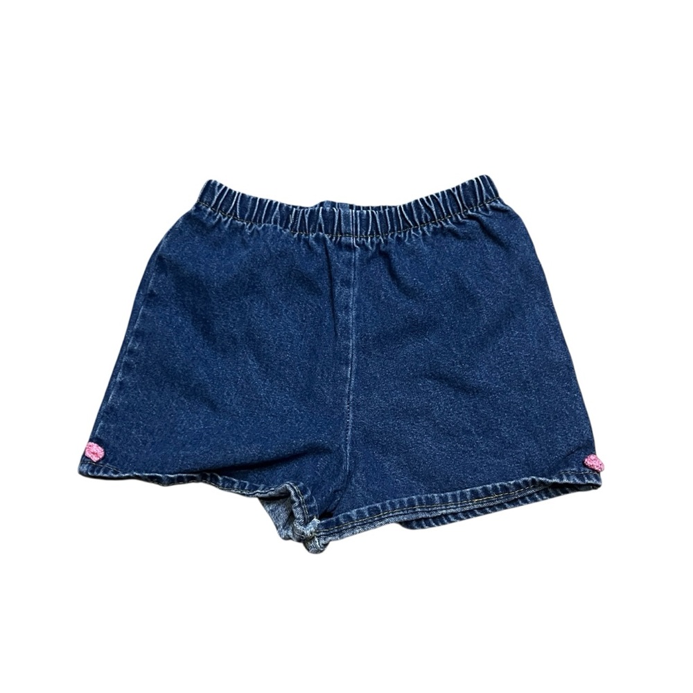 Vintage 90s Girls Pull On Blue Denim Shorts Pink Crotchet Flowers Size 5